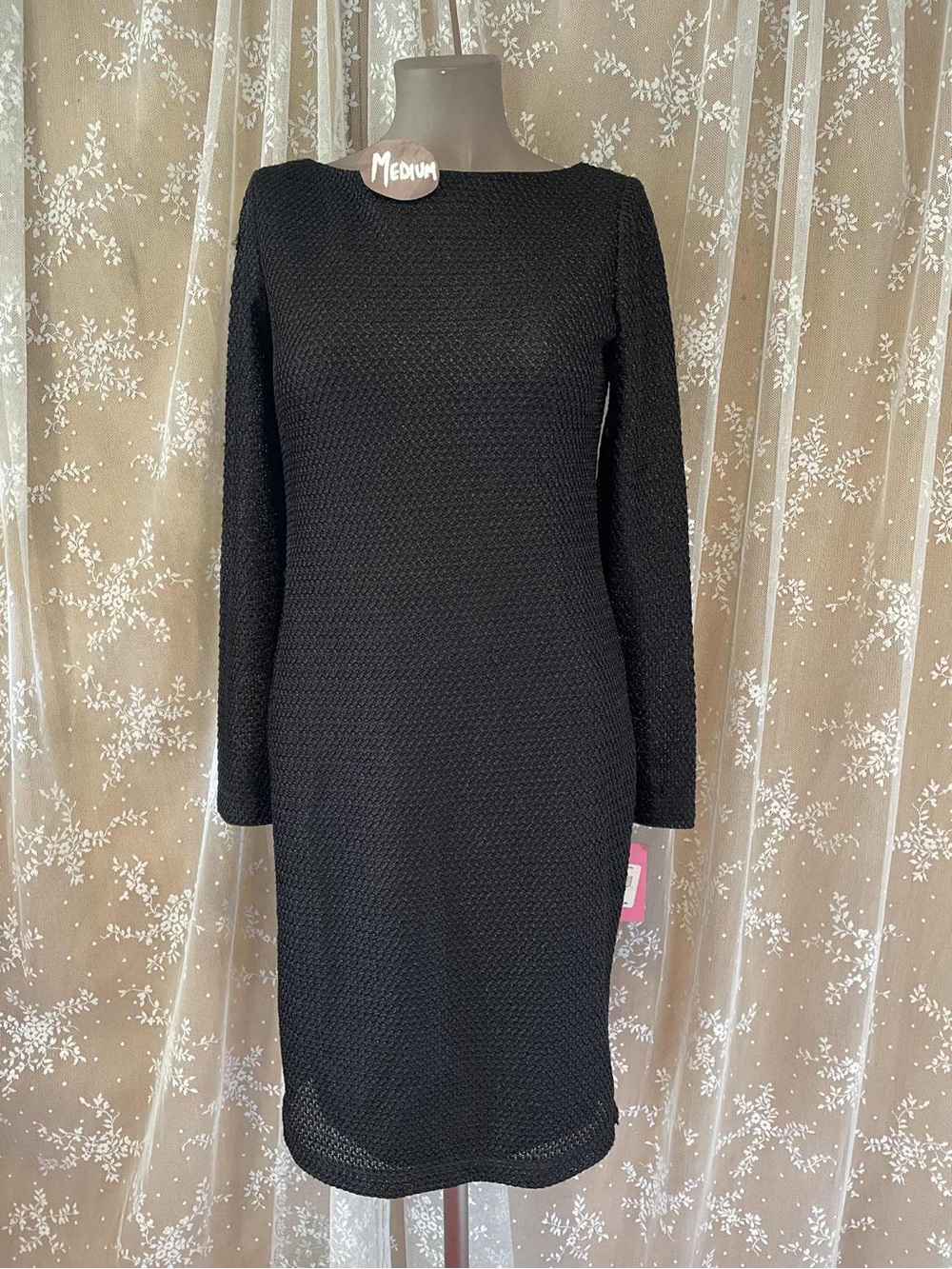 NWT Isaac Mizrahi Black Textured Knit Long Sleeve Midi Dress Size M